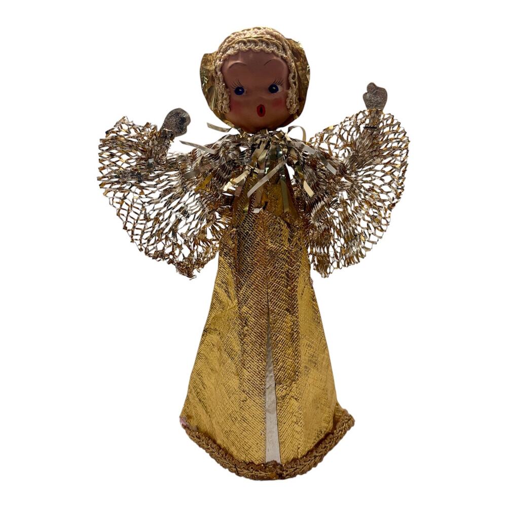 Vtg 1950s Singing Angel Tree Topper Papier Mache Face Gold Foil Mesh Wings 10"